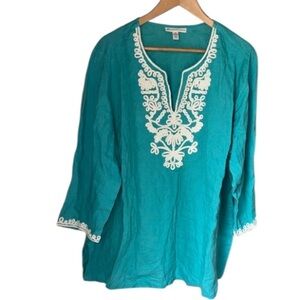JM collection shirt Turquoise Embroidered Tunic  22W NEW 100% linen slit sides